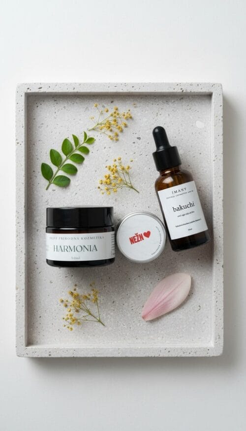 Harmonia set IMANY Harmonia Dnevna Krema za Lice za masnu i mešovitu kožu u tamnoj staklenoj teglici sa crnim poklopcem. Bela etiketa sa nazivom proizvoda i sastojcima je jasno vidljiva.