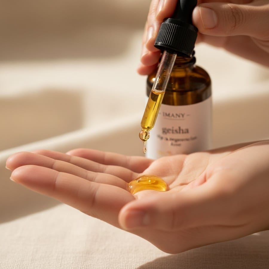 IMANY GEISHA Ulje za regeneraciju vrhova kose u tamnoj staklenoj bočici sa kapaljkom. Etiketa sa natpisom 'GEISHA' i 'ulje za regeneraciju vrhova kose' je jasno vidljiva.