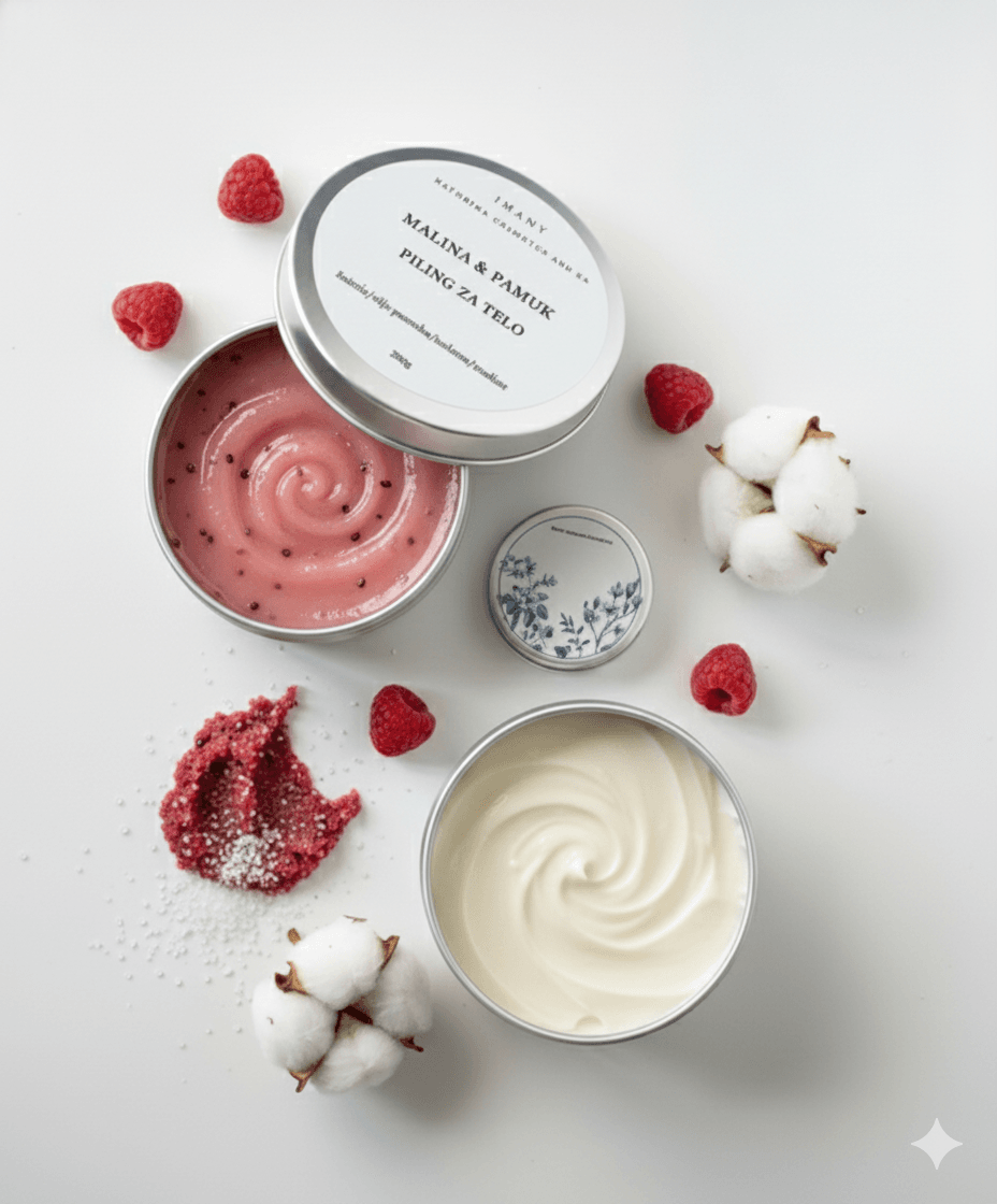 IMANY Piling za telo "Malina & Pamuk" u okrugloj metalnoj limenci sa belom etiketom i natpisom 'PILING ZA TELO'.