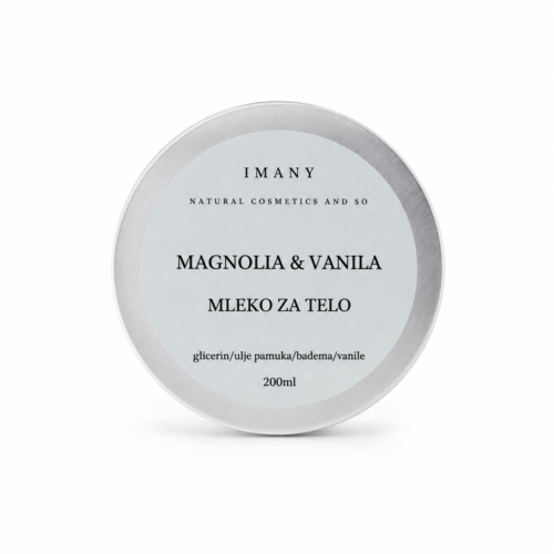 IMANY Magnolia & Vanila mleko za telo 200 ml sa glicerinom, uljem pamuka i bademovim uljem. Intenzivna hidratacija i nežna svakodnevna nega kože.